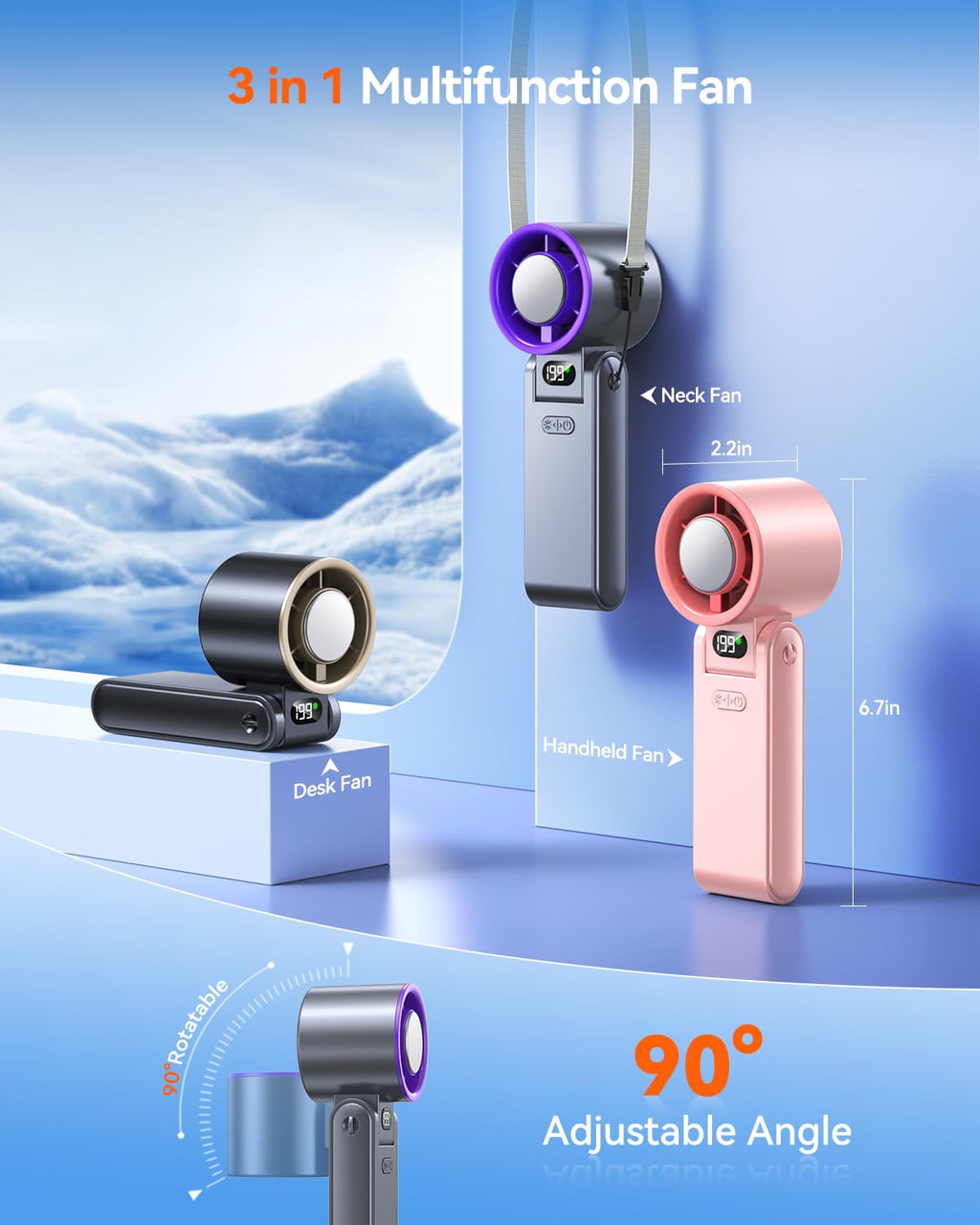 Hihvls Portable Handheld Fan with Ice Cooler, 199 Speed Personal Fan,5500mAh Rechargeable,20H Cooling Time,20000 RPM Powerful Motor, Summer Essential for Travel/Outdoor/Office, Grey Purple