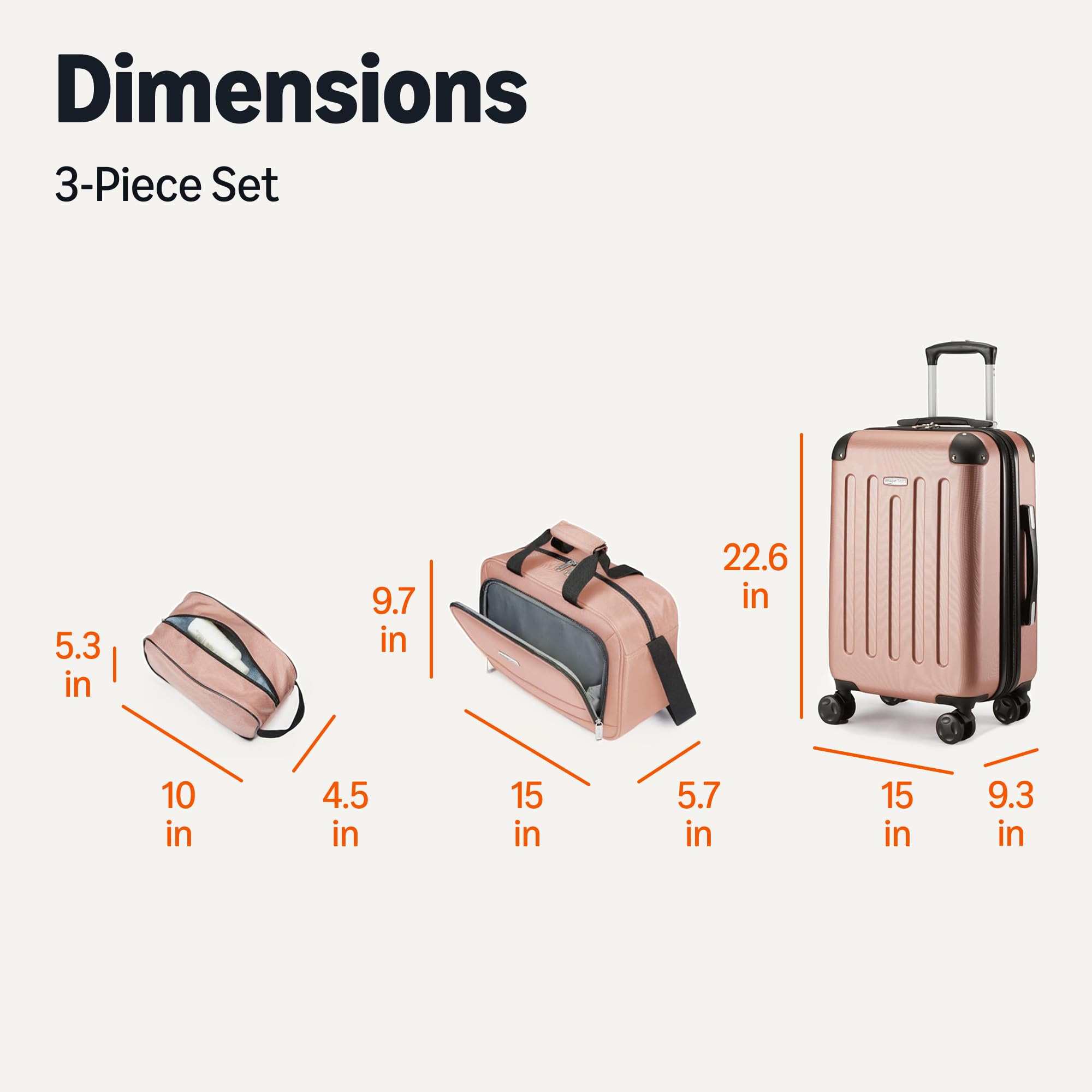 Amazon Basics 3-Piece Luggage Set, Including One 22" Expandable Hardside Suitcase With 8 Spinner Wheels, One 15-inch Tote Bag, and One 10-inch Compact Travel Bag, Rose Gold