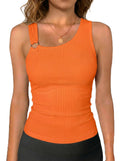 SANDERY Womens Tank Tops Summer Asymmetrical Oneshoulder Neck Ribbed Racerback Sleeveless Button Y2K Blouses Top Orange