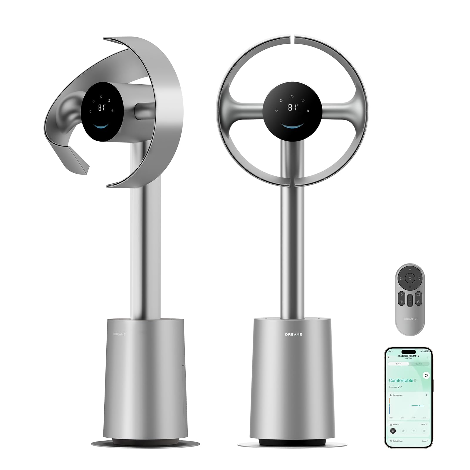 DREAME Bladeless Tower Fan for Bedroom, Smart Standing Fan with 270° Spatial Airflow for Whole-Room Circulation, 59ft/s High Velocity, 10 Speeds 3 Modes, Temperature-Adaptive Airflow, MF10-Silver