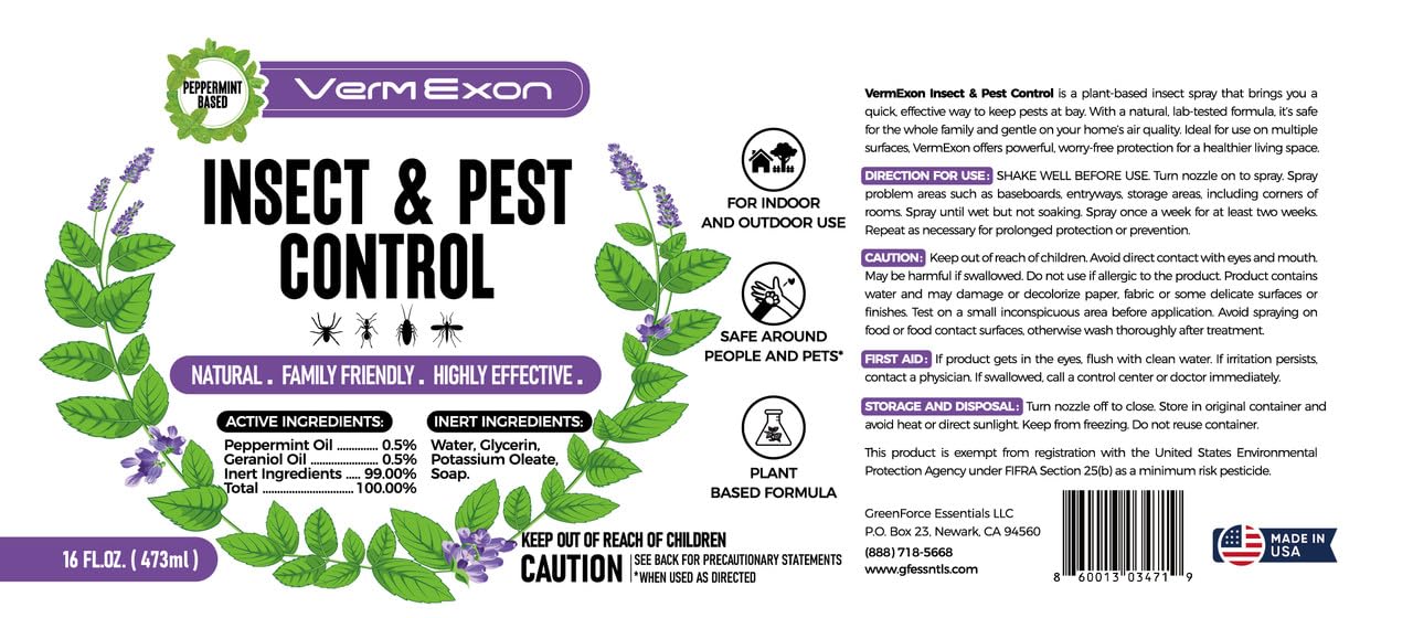 VermExon Peppermint Oil Insect & Pest Control Spray – 16oz Natural Plant-Based Bug Killer for Spiders, Ants, Flies, and Other Insects, Safe for Home & Kitchen Use