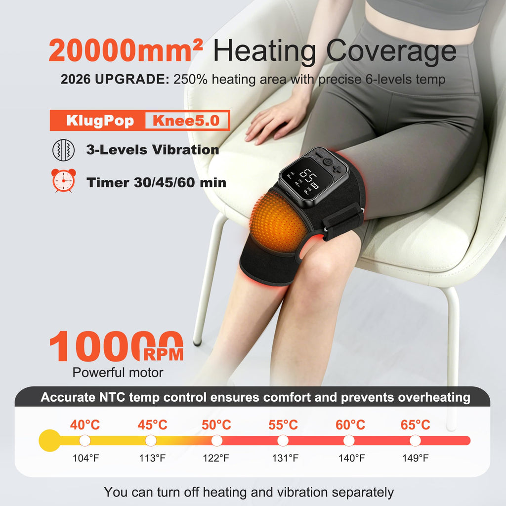KlugPop Knee Massager with Heat for Pain Relief V5.0[2026 Upgraded] - Electric Cordless Heated Knee Brace with 6 Heat Levels and 3 Vibration Massage Mode, Gifts for Men Women (Black, 1-Pack)