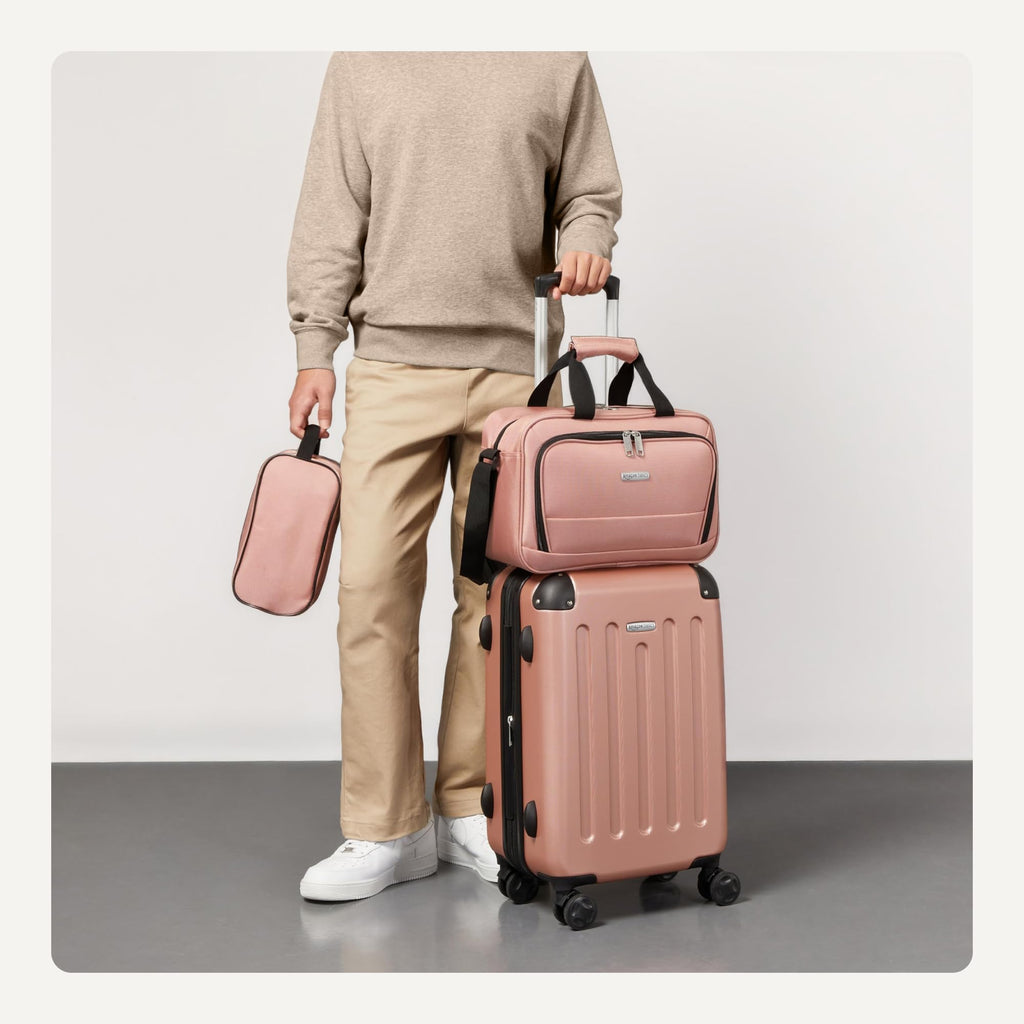 Amazon Basics 3-Piece Luggage Set, Including One 22" Expandable Hardside Suitcase With 8 Spinner Wheels, One 15-inch Tote Bag, and One 10-inch Compact Travel Bag, Rose Gold