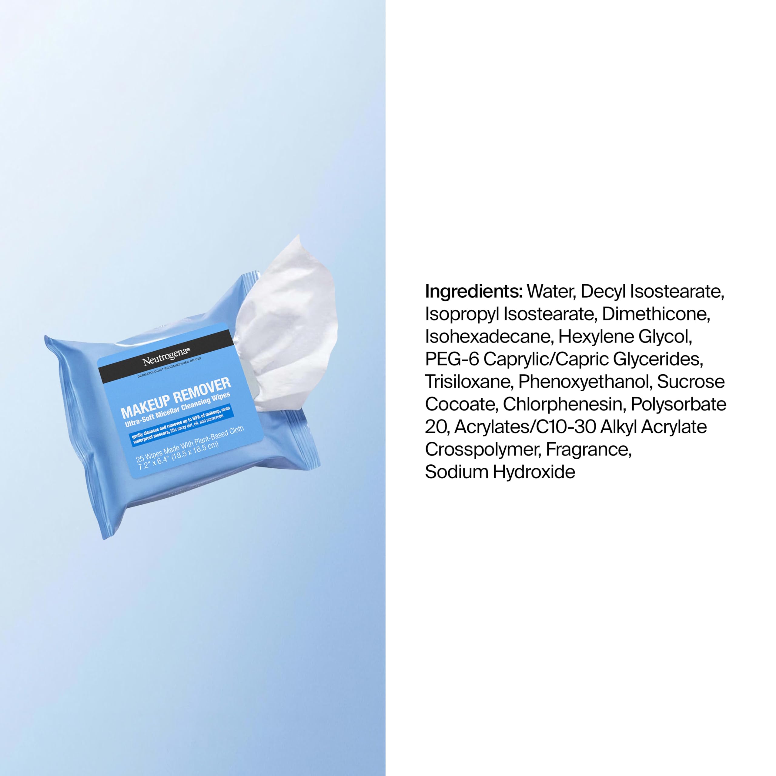 Neutrogena Makeup Remover Micellar Wipes for Face Daily Gently Removes Oil Dirt and Waterproof Makeup in a Simple Fully Plant-Based Cloth, 2 pack of 25 ct