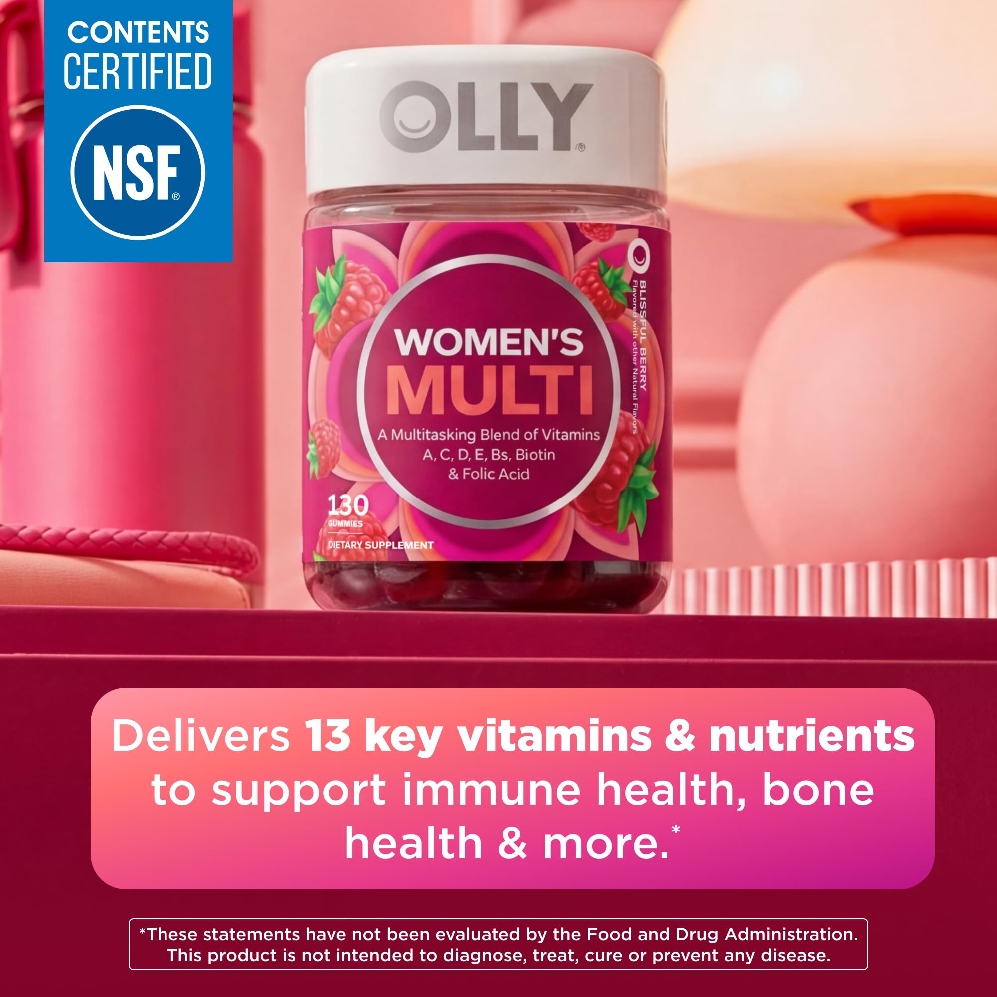 OLLY Women's Multivitamin Gummy, Women's Overall Wellness,* Vitamins A, C, D, E, Biotin, Folic Acid, Adult Chewable Supplement, Berry Flavored, 65 Day Supply - 130 Count