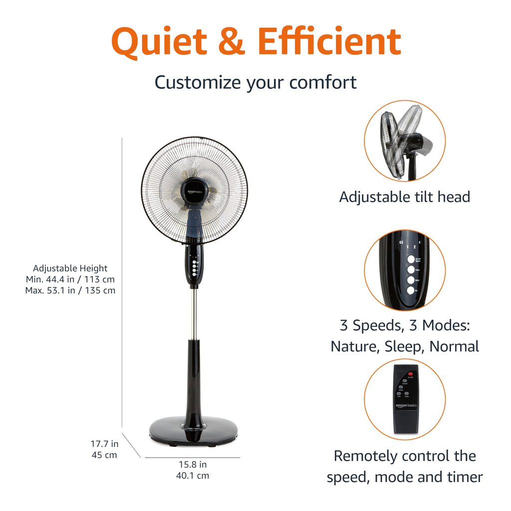 Amazon Basics 16" Pedestal Fan with Remote for Bedroom, Living Room, Office, Adjustable Height, Dual-Layered Blades, 3 Speeds, 3 Modes, Timer, Tilt Head, 60W, Black