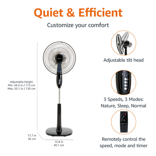 Amazon Basics 16" Pedestal Fan with Remote for Bedroom, Living Room, Office, Adjustable Height, Dual-Layered Blades, 3 Speeds, 3 Modes, Timer, Tilt Head, 60W, Black