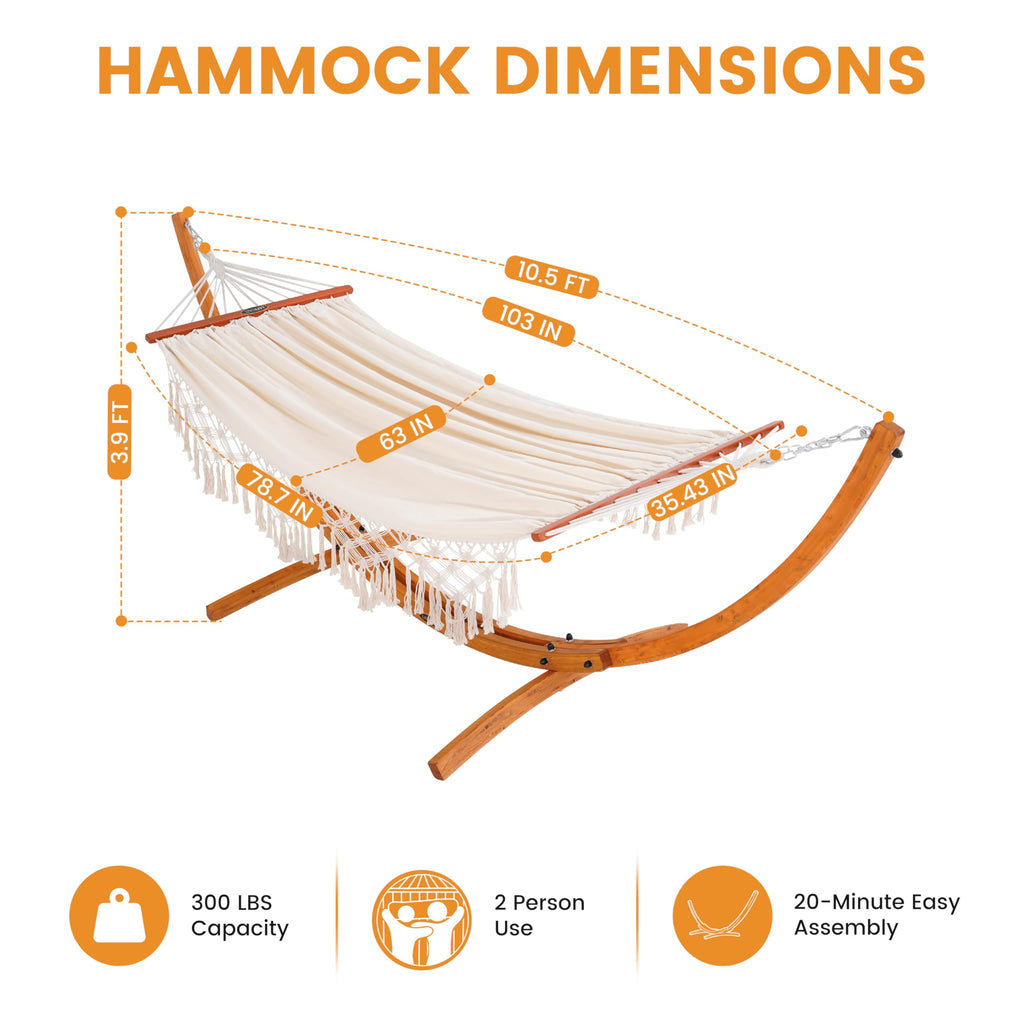 Lazy Daze Hammocks 2 Person Cotton Fabric Hammock with Spreader Bars and 10.5 FT Wood Arc Hammock Stand, Double Hammock with Wood Stand, for Outdoor, Indoor, Patio, Backyard, Beige