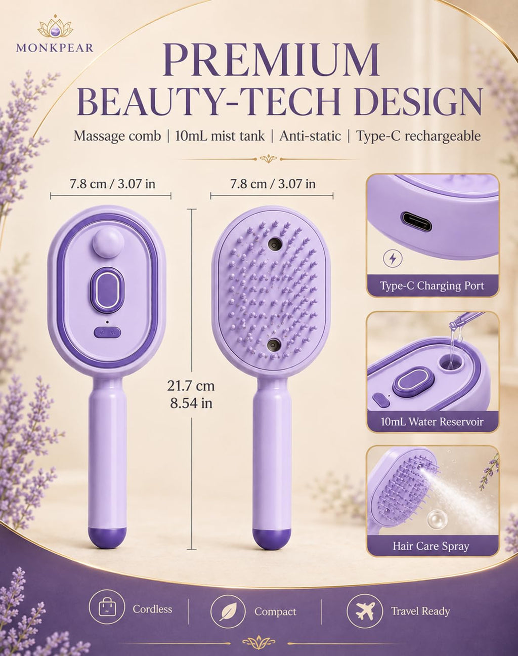Electric Spray Air Cushion Massage Comb, Self-Cleaning Anti-Tangle Hair Brush, Anti-Static Volumizing Mist Brush, Rechargeable Scalp Comb for Frizz Control, Smooth Shine & Daily Care