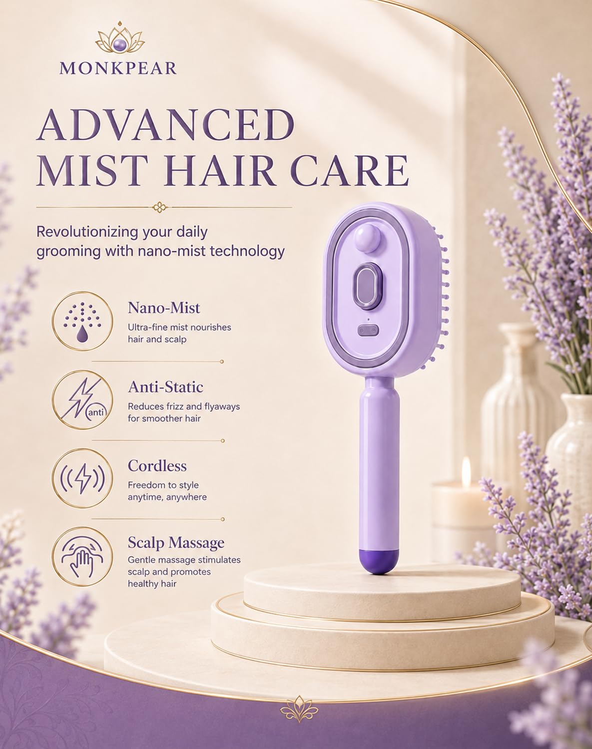 Electric Spray Air Cushion Massage Comb, Self-Cleaning Anti-Tangle Hair Brush, Anti-Static Volumizing Mist Brush, Rechargeable Scalp Comb for Frizz Control, Smooth Shine & Daily Care