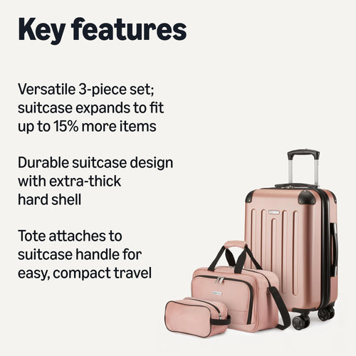 Amazon Basics 3-Piece Luggage Set, Including One 22" Expandable Hardside Suitcase With 8 Spinner Wheels, One 15-inch Tote Bag, and One 10-inch Compact Travel Bag, Rose Gold