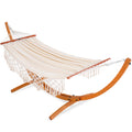Lazy Daze Hammocks 2 Person Cotton Fabric Hammock with Spreader Bars and 10.5 FT Wood Arc Hammock Stand, Double Hammock with Wood Stand, for Outdoor, Indoor, Patio, Backyard, Beige