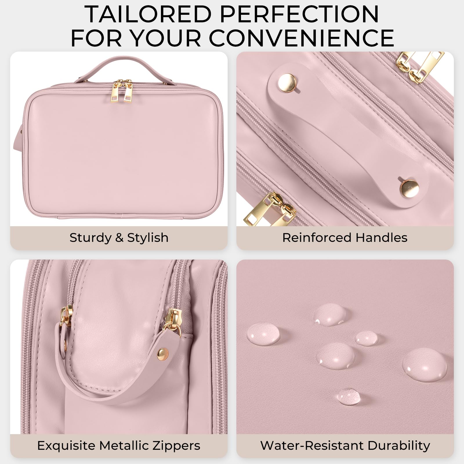 Travel Makeup Bag Women's Large Capacity Cosmetic Portable Organizer Large Opening Waterproof Storage Toiletry Bags Vertical Free-Standing Brush Holder for Easy Access Pink