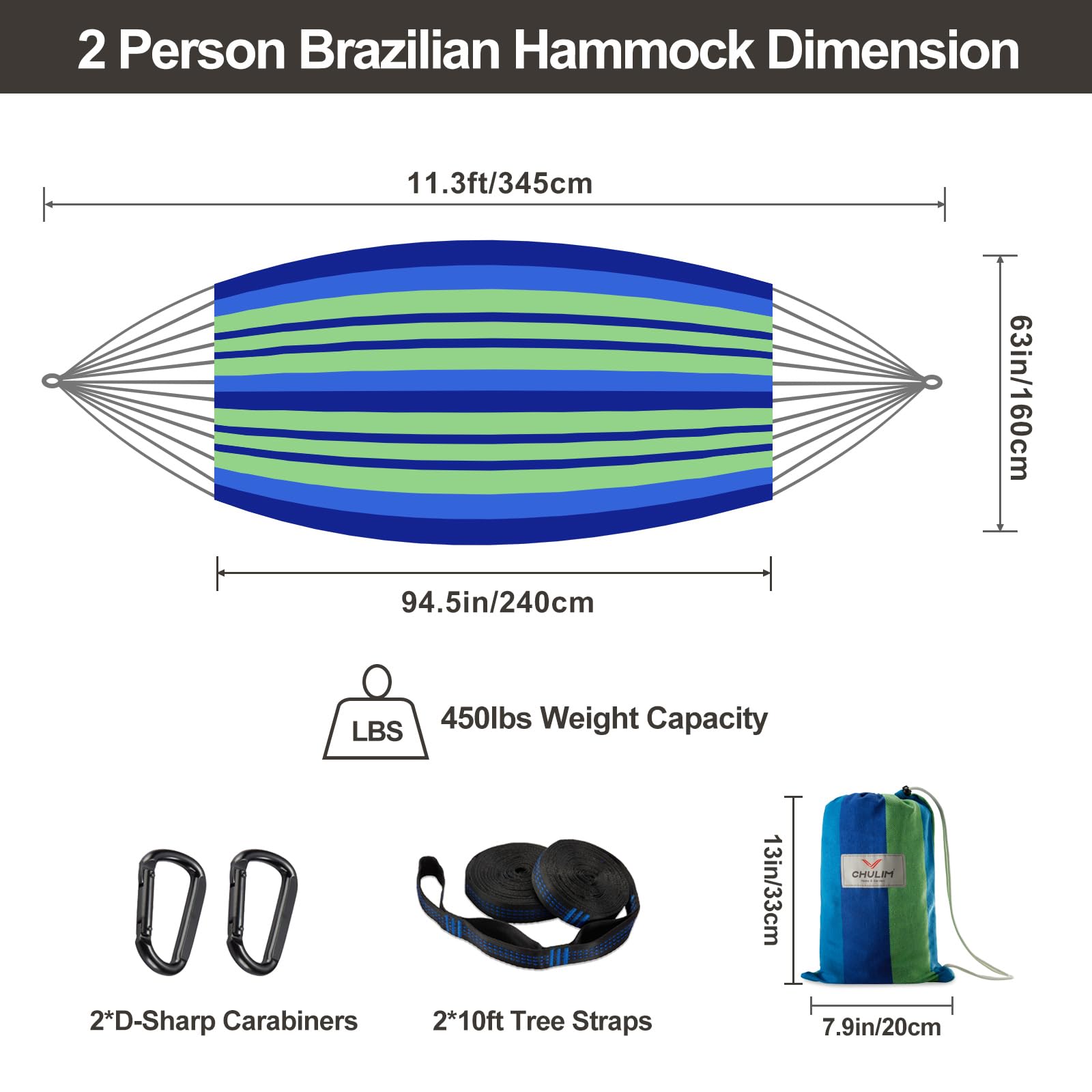 CHULIM Brazilian Double Hammock with Tree Straps,Extra Large 240x160cm,2 Persons Hammock for Backyard Patio Outdoor and Indoor,450lbs Weight Capacity,Soft Woven Cotton Fabric