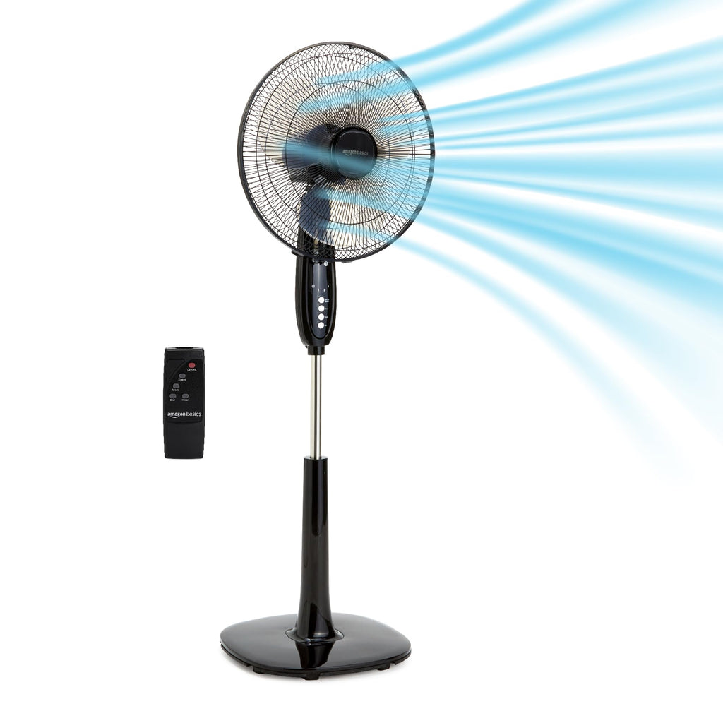 Amazon Basics 16" Pedestal Fan with Remote for Bedroom, Living Room, Office, Adjustable Height, Dual-Layered Blades, 3 Speeds, 3 Modes, Timer, Tilt Head, 60W, Black