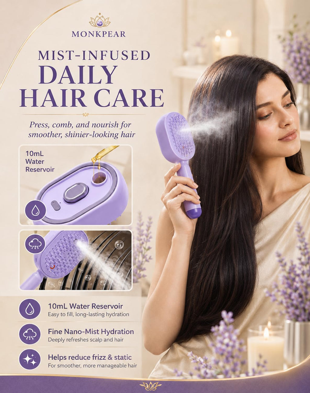 Electric Spray Air Cushion Massage Comb, Self-Cleaning Anti-Tangle Hair Brush, Anti-Static Volumizing Mist Brush, Rechargeable Scalp Comb for Frizz Control, Smooth Shine & Daily Care