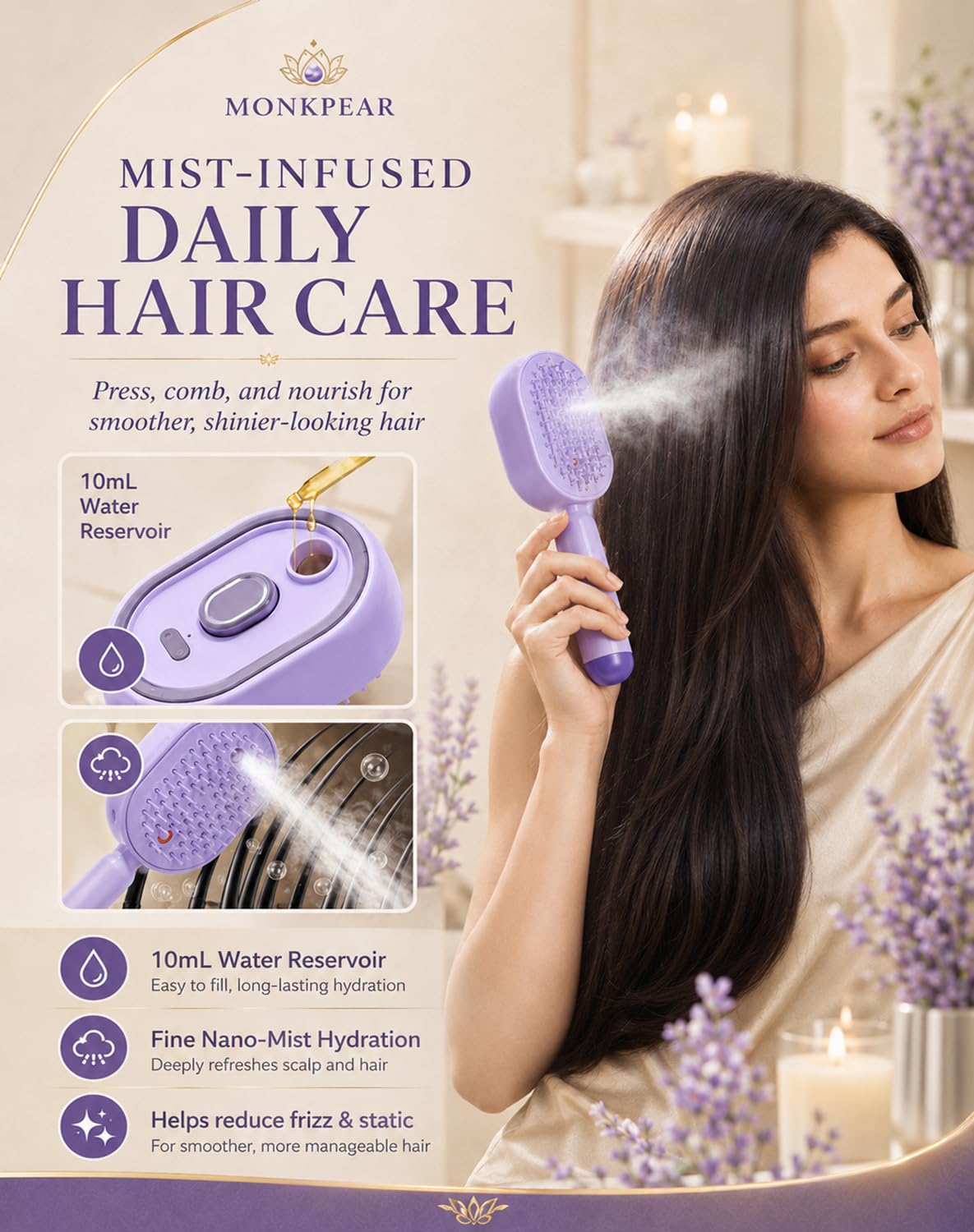 Electric Spray Air Cushion Massage Comb, Self-Cleaning Anti-Tangle Hair Brush, Anti-Static Volumizing Mist Brush, Rechargeable Scalp Comb for Frizz Control, Smooth Shine & Daily Care
