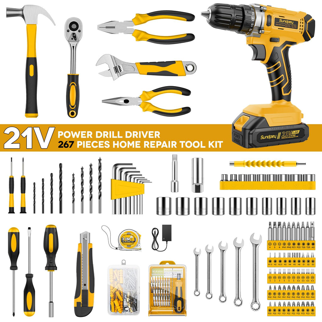 Sundpey 267-Piece Tool Kit with Drill - Basic General Home Complete Repair Portable Tool Set with 21V Cordless Drill & 2.0Ah Battery & Charger in Drawer Storage Toolbox for Apartment Office Garage