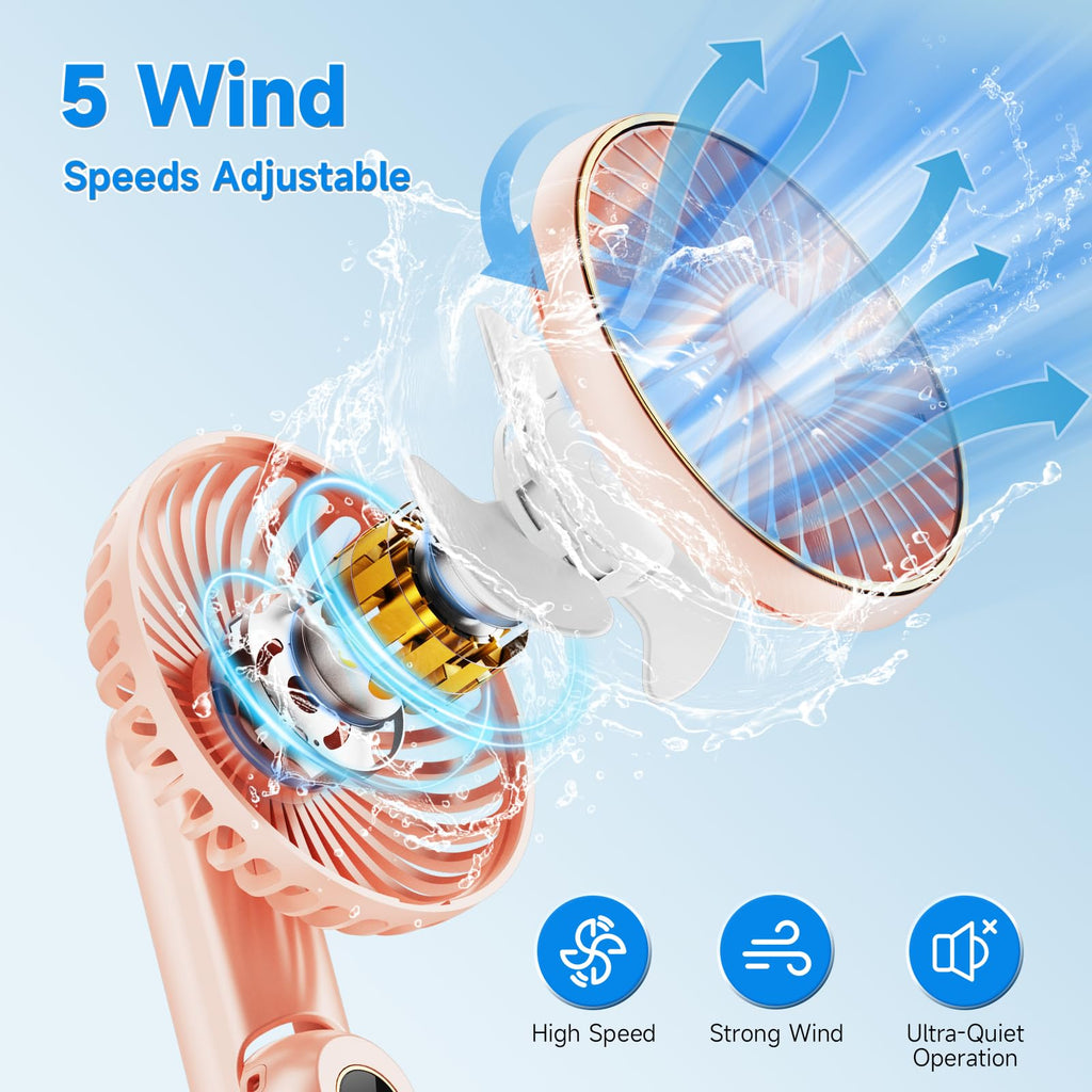 Dhenrio Portable Handheld Fan, [Up to 15 Working Hours],180° Foldable Personal Fan, USB Rechargeable Mini Hand Fans for Travel/Summer/Outdoor/Office, 5 Speeds Adjustable, LED Display, Pink