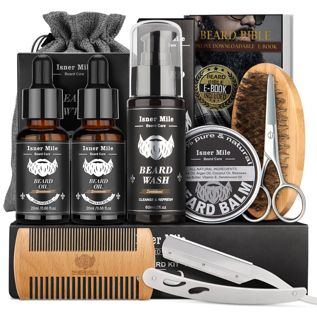 Isner Mile Dad Gifts Fathers Day Husband: from Wife Daughter, Beard Grooming Kit for Men with Beard Oil Balm Wash Brush Comb & Straight Razor, Stocking Stuffers Birthday Gifts for Men Him Boyfriend