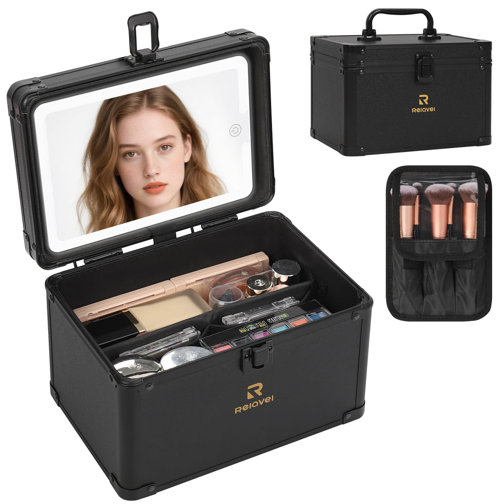 Relavel Travel Makeup Bag With LED Mirror, Makeup Bag With 3-Mode Light Up Mirror, Cosmetic Makeup Organizer Vanity Case for Women Beauty Accessories, Rechargeable Makeup Travel Storage - Black