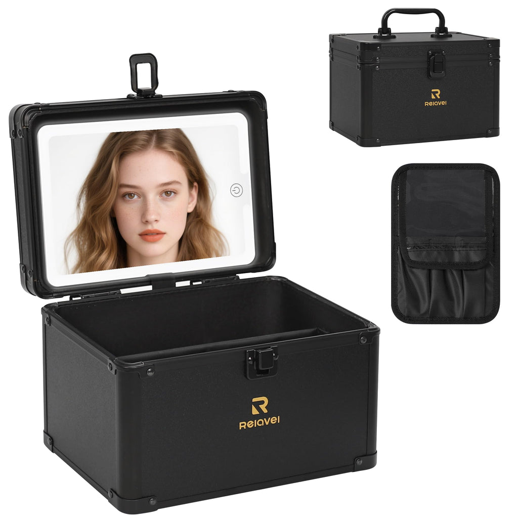 Relavel Travel Makeup Bag With LED Mirror, Makeup Bag With 3-Mode Light Up Mirror, Cosmetic Makeup Organizer Vanity Case for Women Beauty Accessories, Rechargeable Makeup Travel Storage - Black