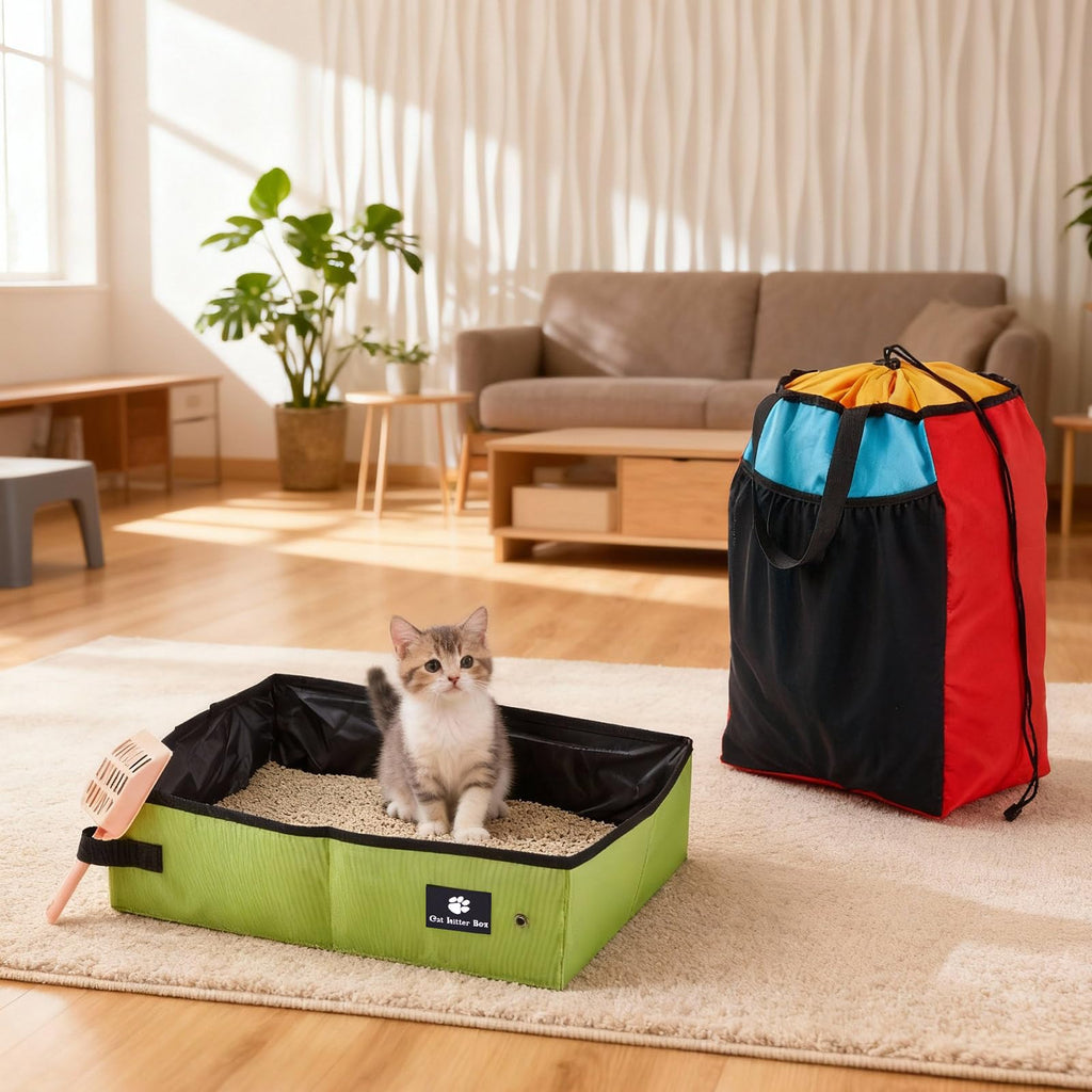 Hillban Travel Litter Box for Cats, 4 In1 Kit Include Scooper Cat, Portable Collapsible Portable Cat Box, Litter Bag, 15 Pcs Poop Bags, Lightweight Leak Proof for Car Travel, Camping, Plane, Hotel