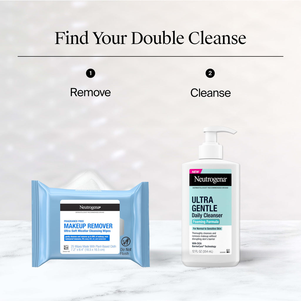 Neutrogena Makeup Remover Micellar Wipes for Face Daily Gently Removes Oil Dirt and Waterproof Makeup in a Simple Fully Plant-Based Cloth, 2 pack of 25 ct