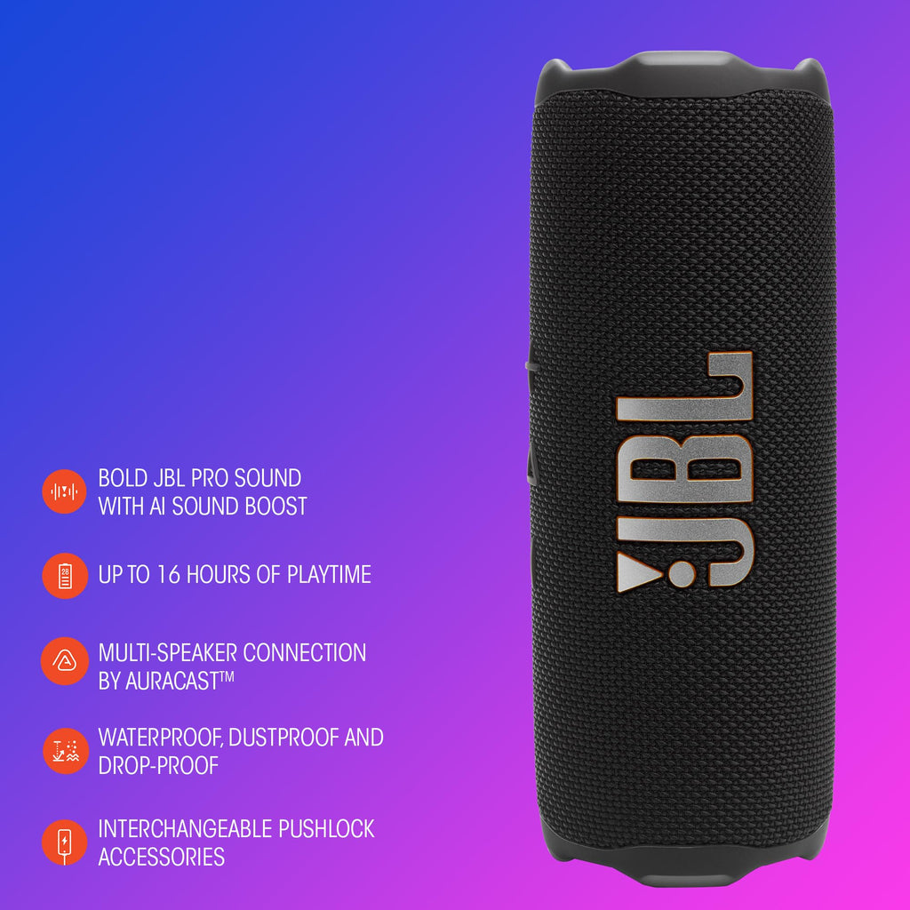 JBL Flip 7 - Portable Waterproof and Drop-Proof Speaker, Bold JBL Pro Sound with AI Boost, 16Hrs of Playtime, and PushLock System with Interchangeable Accessories (Blue)