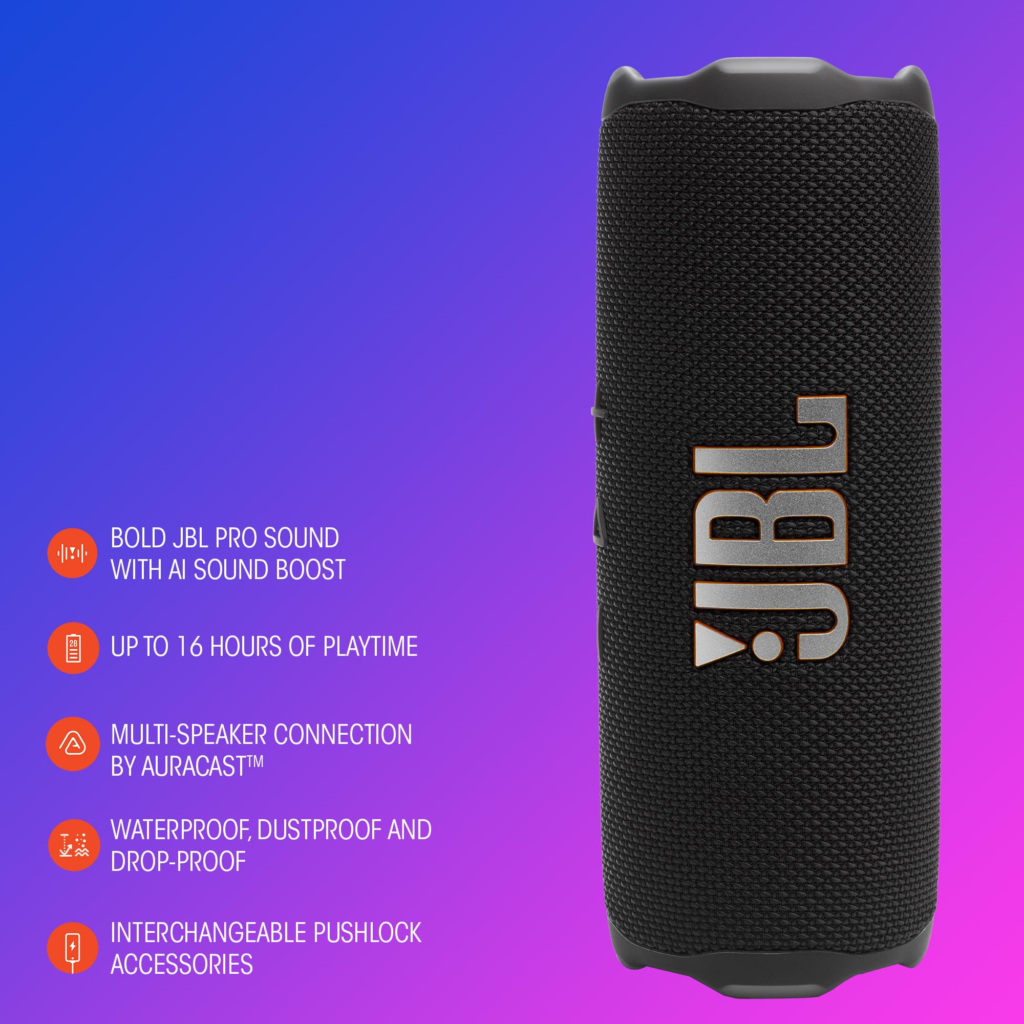 JBL Flip 7 - Portable Waterproof and Drop-Proof Speaker, Bold JBL Pro Sound with AI Boost, 16Hrs of Playtime, and PushLock System with Interchangeable Accessories (Blue)