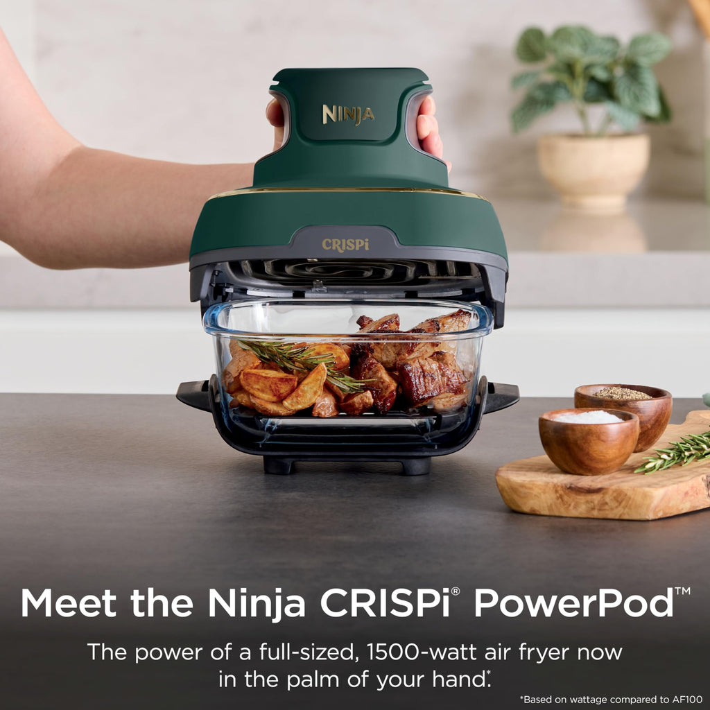 Ninja Crispi 5-in-1 Glass Air Fryer | With Nontoxic 2.5 QT, 4QT, 6-Cup Containers & Lids | Microwave, Freezer & Dishwasher Safe | 450°F Max Temp | Green | FN103BF