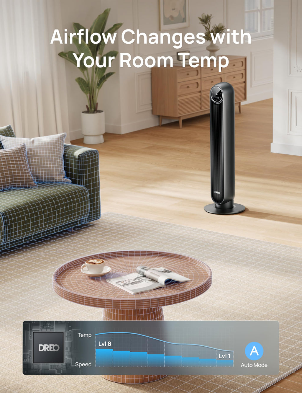 DREO Tower Fan for Bedroom, 2026 Upgraded DC Motor, 28ft/s High Velocity, 20dB Ultra Quiet Standing Fan, 8 Speeds 4 Modes, 90° Oscillating Bladeless Fan for Indoors, Floor Fans with Remote, Black