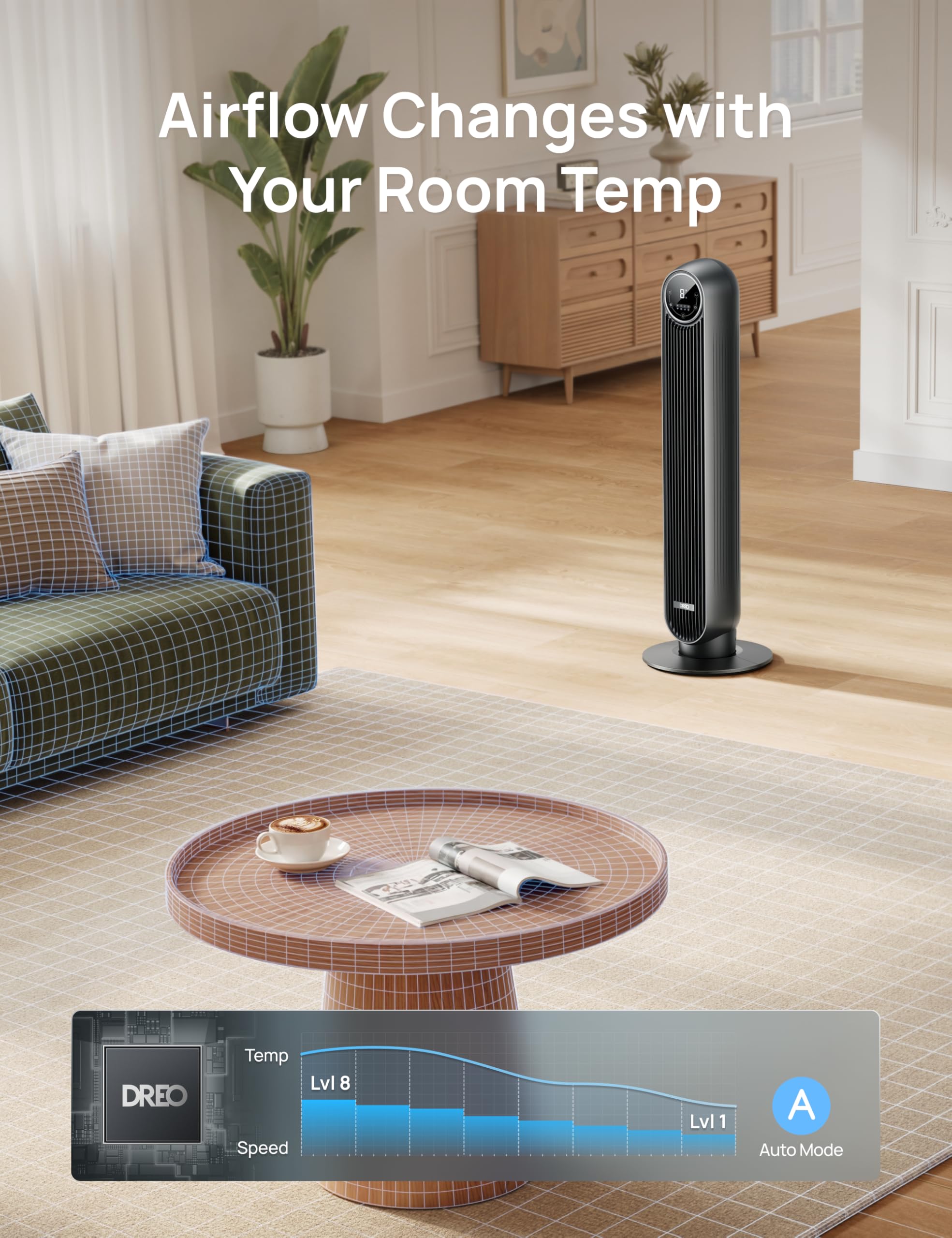 DREO Tower Fan for Bedroom, 2026 Upgraded DC Motor, 28ft/s High Velocity, 20dB Ultra Quiet Standing Fan, 8 Speeds 4 Modes, 90° Oscillating Bladeless Fan for Indoors, Floor Fans with Remote, Black