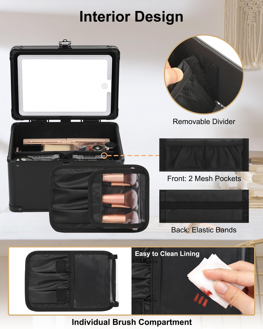 Relavel Travel Makeup Bag With LED Mirror, Makeup Bag With 3-Mode Light Up Mirror, Cosmetic Makeup Organizer Vanity Case for Women Beauty Accessories, Rechargeable Makeup Travel Storage - Black