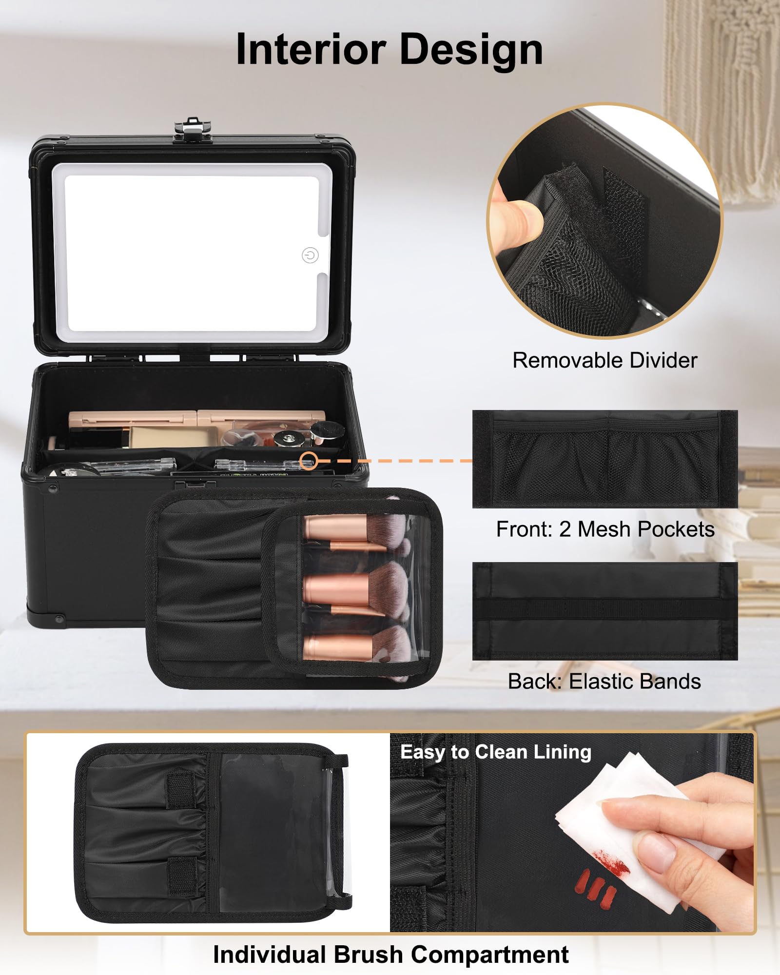 Relavel Travel Makeup Bag With LED Mirror, Makeup Bag With 3-Mode Light Up Mirror, Cosmetic Makeup Organizer Vanity Case for Women Beauty Accessories, Rechargeable Makeup Travel Storage - Black