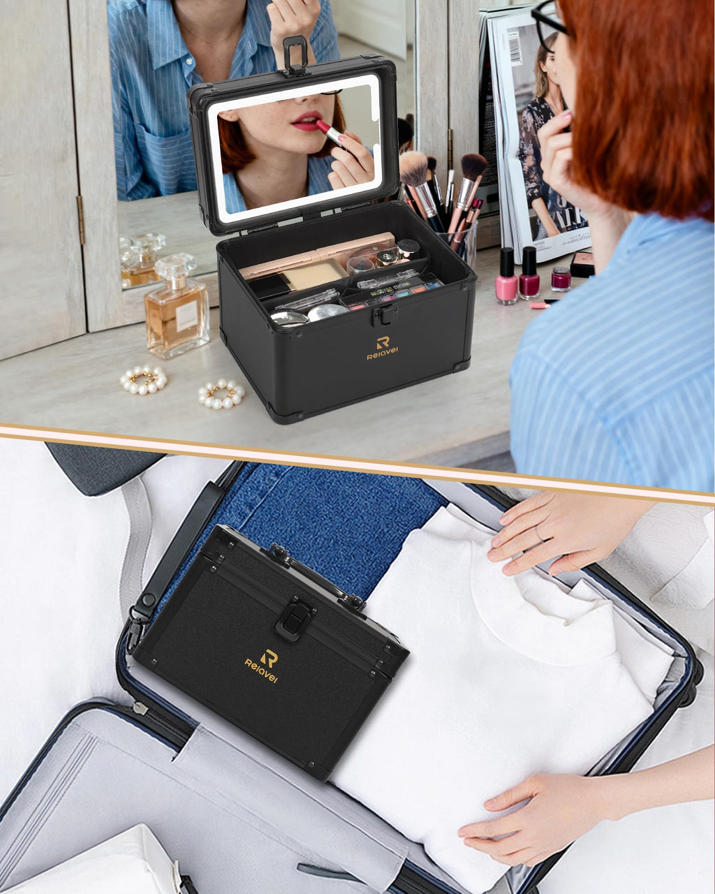 Relavel Travel Makeup Bag With LED Mirror, Makeup Bag With 3-Mode Light Up Mirror, Cosmetic Makeup Organizer Vanity Case for Women Beauty Accessories, Rechargeable Makeup Travel Storage - Black