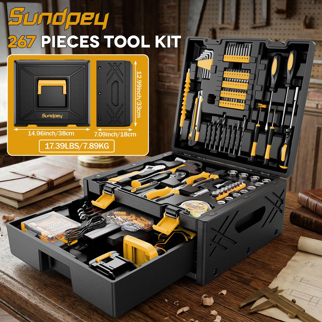 Sundpey 267-Piece Tool Kit with Drill - Basic General Home Complete Repair Portable Tool Set with 21V Cordless Drill & 2.0Ah Battery & Charger in Drawer Storage Toolbox for Apartment Office Garage