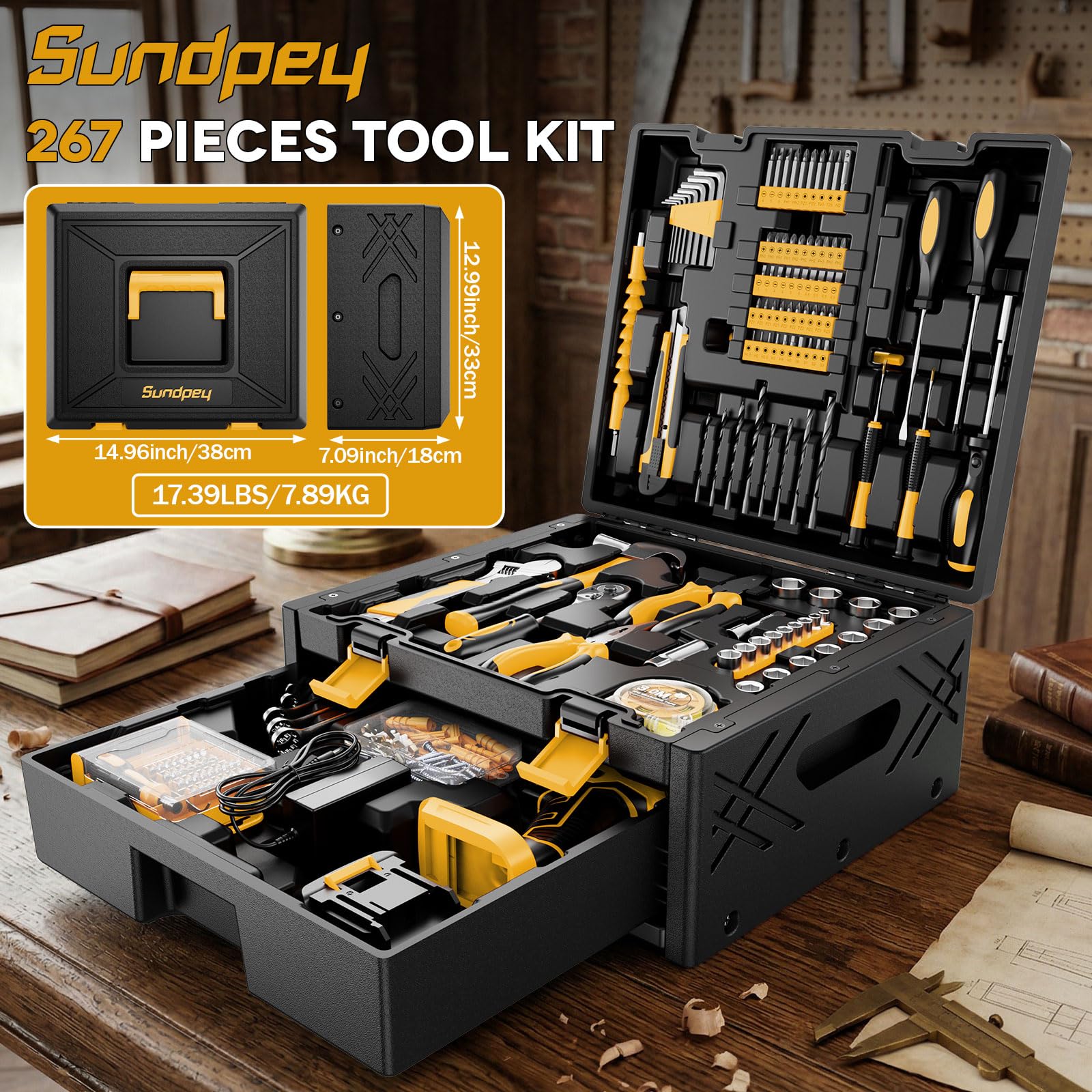 Sundpey 267-Piece Tool Kit with Drill - Basic General Home Complete Repair Portable Tool Set with 21V Cordless Drill & 2.0Ah Battery & Charger in Drawer Storage Toolbox for Apartment Office Garage