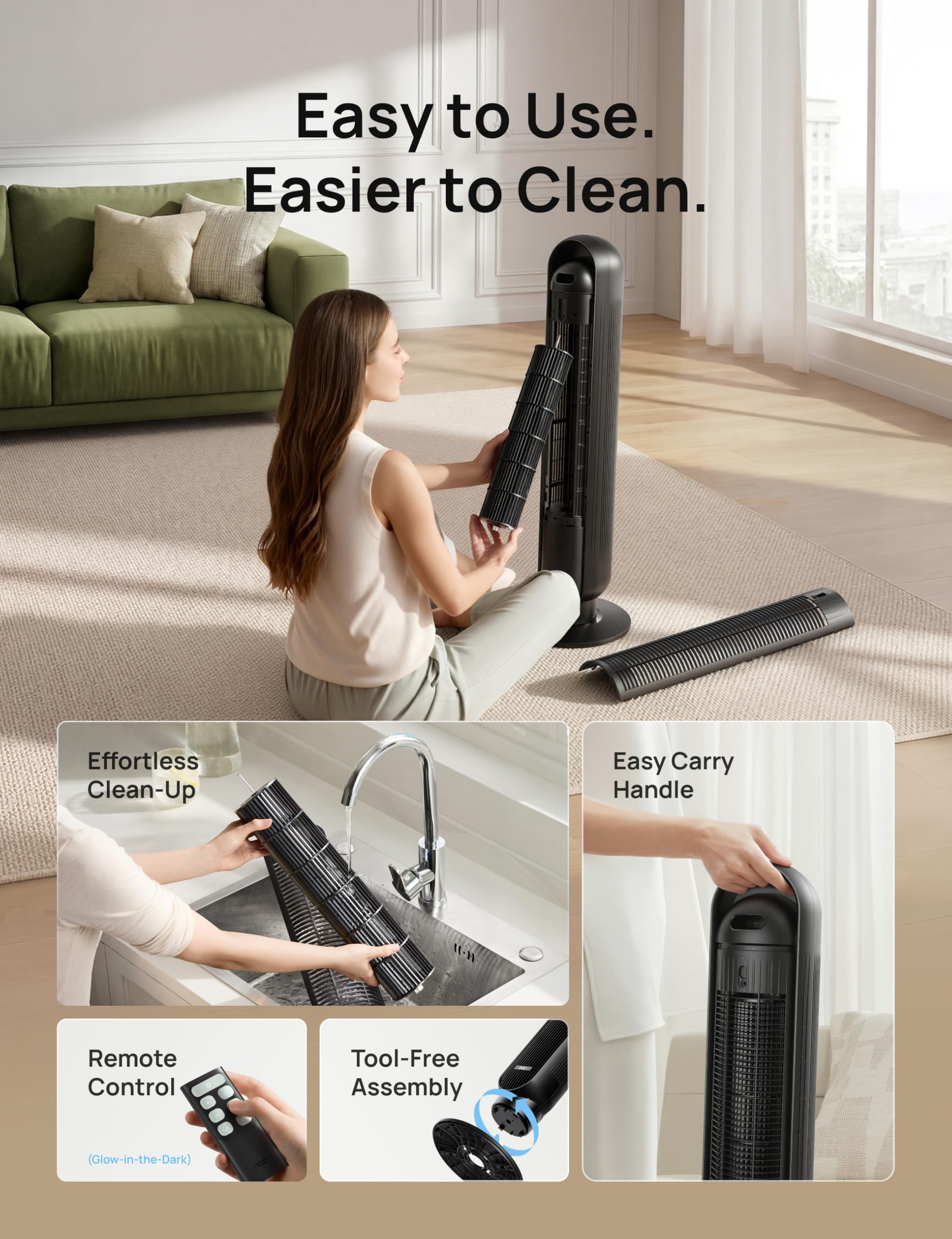 DREO Tower Fan for Bedroom, 2026 Upgraded DC Motor, 28ft/s High Velocity, 20dB Ultra Quiet Standing Fan, 8 Speeds 4 Modes, 90° Oscillating Bladeless Fan for Indoors, Floor Fans with Remote, Black