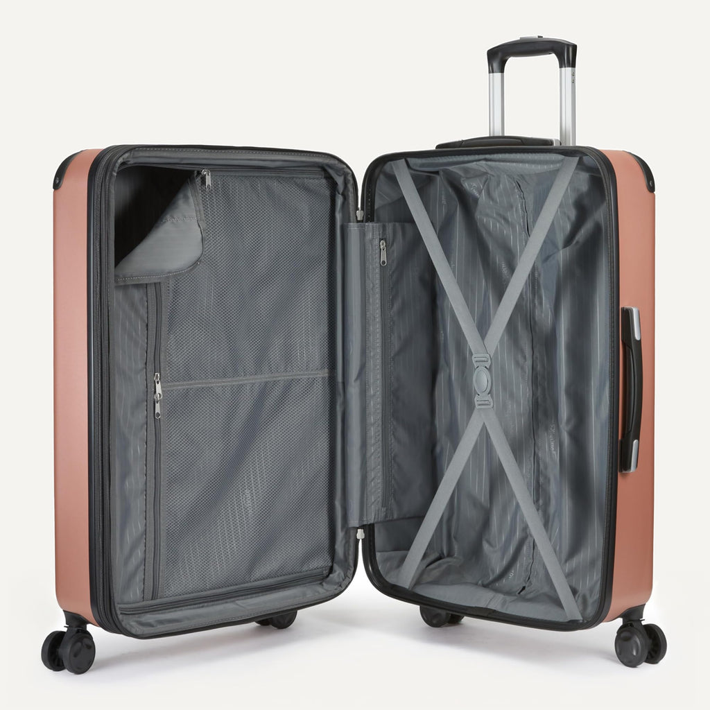 Amazon Basics 3-Piece Luggage Set, Including One 22" Expandable Hardside Suitcase With 8 Spinner Wheels, One 15-inch Tote Bag, and One 10-inch Compact Travel Bag, Rose Gold
