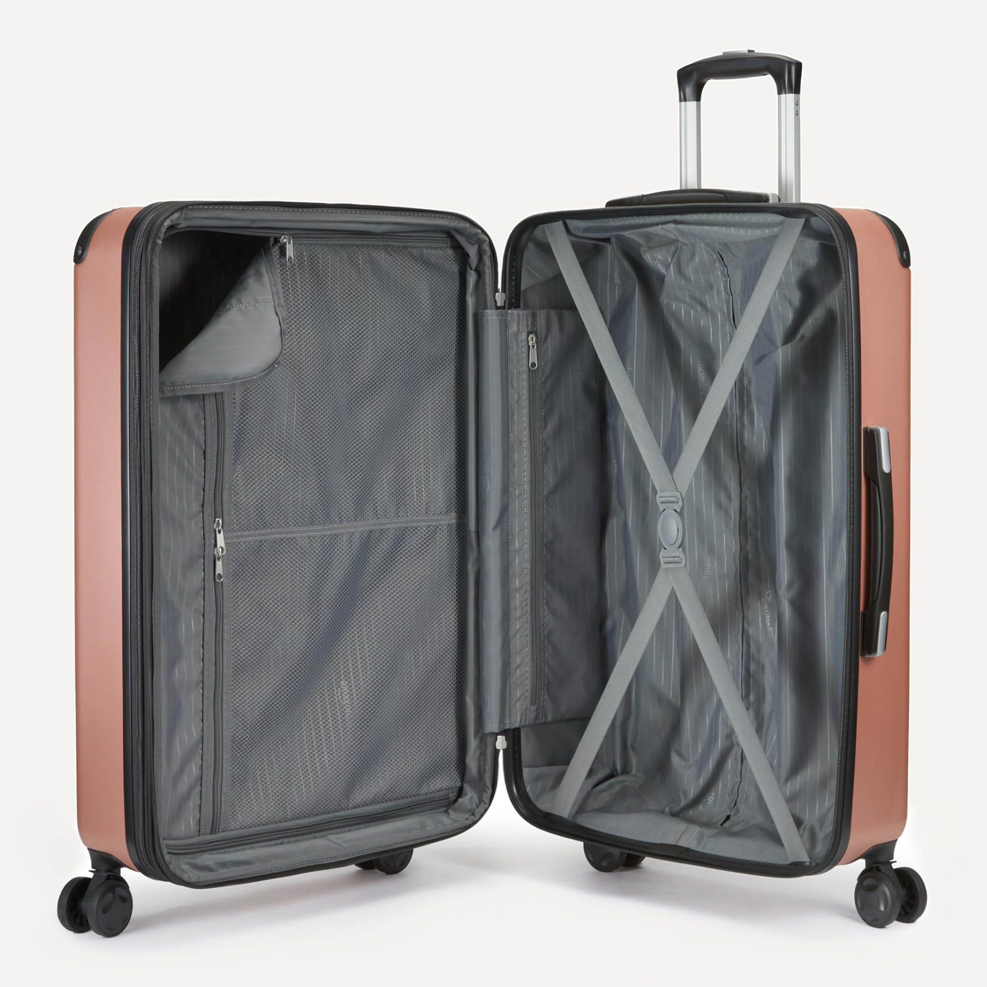 Amazon Basics 3-Piece Luggage Set, Including One 22" Expandable Hardside Suitcase With 8 Spinner Wheels, One 15-inch Tote Bag, and One 10-inch Compact Travel Bag, Rose Gold