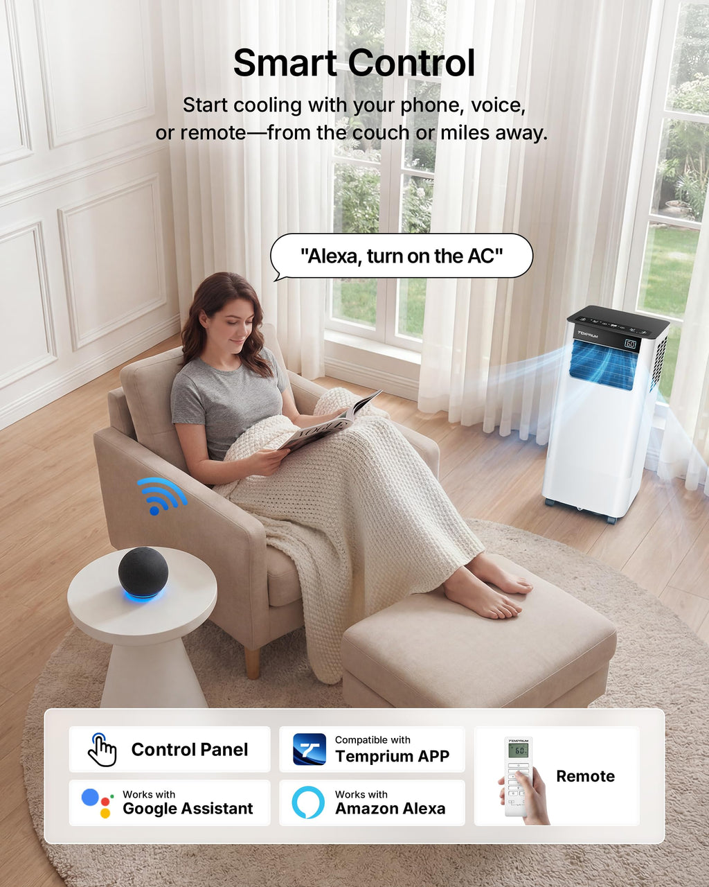 Temprium 8000 BTU Portable Air Conditioner Cools up to 350 Sq.Ft., Smart Portable AC Unit with App/Voice/Remote Control, 4-in-1 Quiet AC Unit with Cool, Dry, Fan, Sleep Modes, 24H Timer, Window Kits