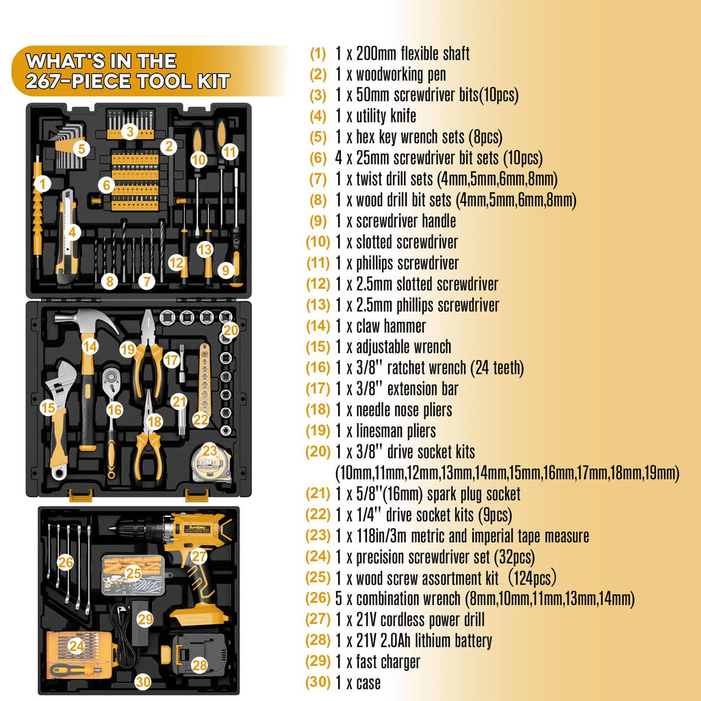Sundpey 267-Piece Tool Kit with Drill - Basic General Home Complete Repair Portable Tool Set with 21V Cordless Drill & 2.0Ah Battery & Charger in Drawer Storage Toolbox for Apartment Office Garage