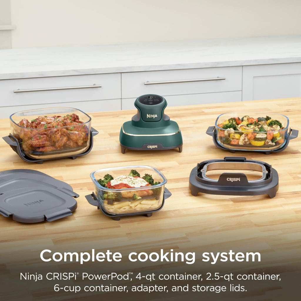 Ninja Crispi 5-in-1 Glass Air Fryer | With Nontoxic 2.5 QT, 4QT, 6-Cup Containers & Lids | Microwave, Freezer & Dishwasher Safe | 450°F Max Temp | Green | FN103BF