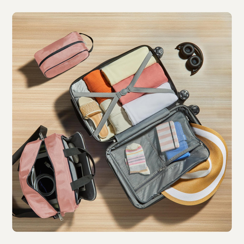 Amazon Basics 3-Piece Luggage Set, Including One 22" Expandable Hardside Suitcase With 8 Spinner Wheels, One 15-inch Tote Bag, and One 10-inch Compact Travel Bag, Rose Gold