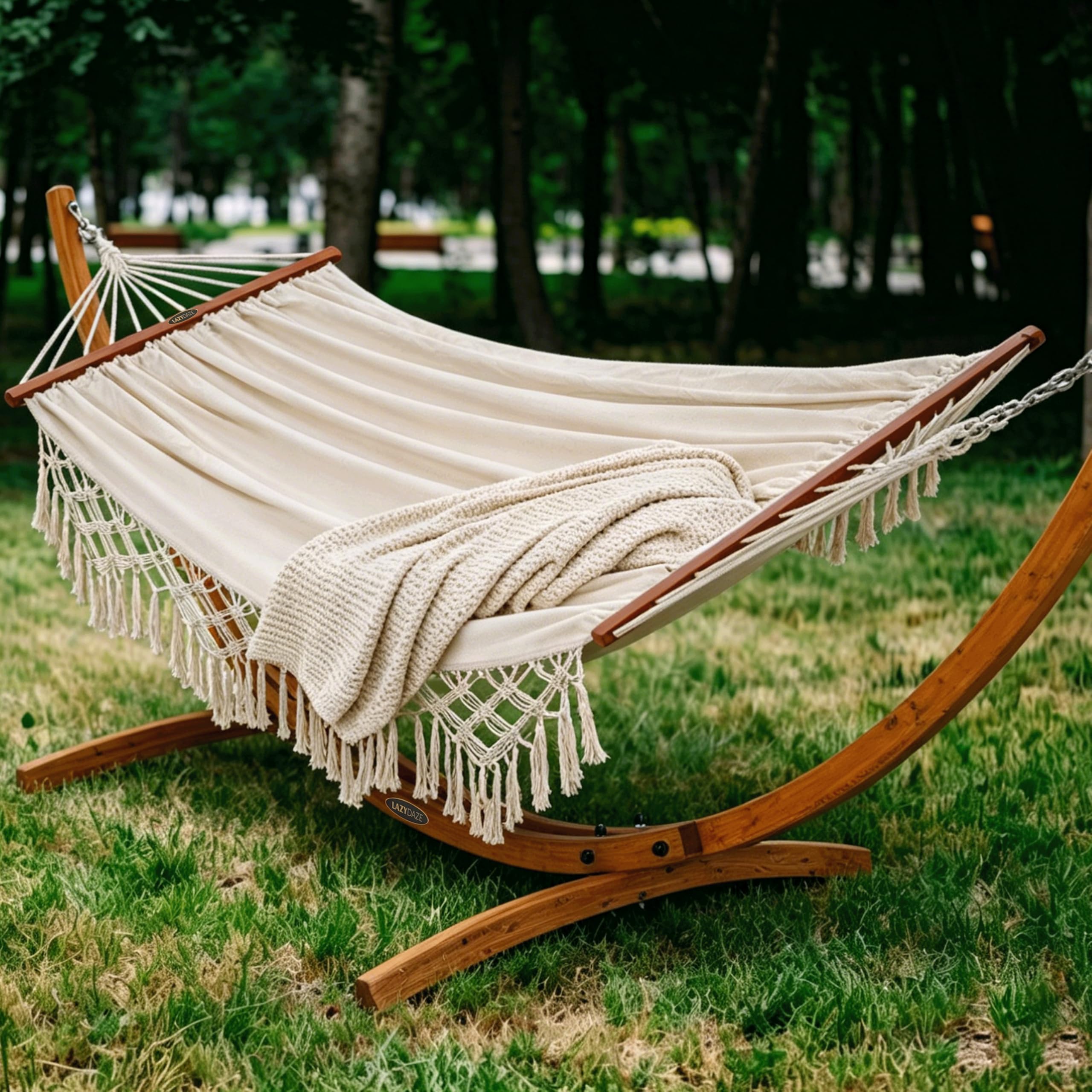Lazy Daze Hammocks 2 Person Cotton Fabric Hammock with Spreader Bars and 10.5 FT Wood Arc Hammock Stand, Double Hammock with Wood Stand, for Outdoor, Indoor, Patio, Backyard, Beige
